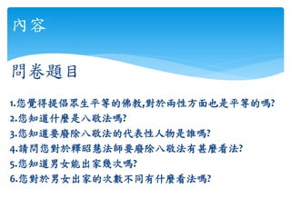 問卷題目
1.您覺得提倡眾生平等的佛教,對於兩性方面也是平等的嗎?
2.您知道什麼是八敬法嗎?
3.您知道要廢除八敬法的代表性人物是誰嗎?
4.請問您對於釋昭慧法師要廢除八敬法有甚麼看法?
5.您知道男女能出家幾次嗎?
6.您對於男女出家的次數不同有什麼看法嗎?
內容
 