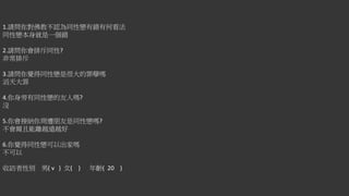 1.請問你對佛教不認為同性戀有錯有何看法
同性戀本身就是一個錯
2.請問你會排斥同性?
非常排斥
3.請問你覺得同性戀是很大的罪孽嗎
滔天大罪
4.你身旁有同性戀的友人嗎?
沒
5.你會接納你周遭朋友是同性戀嗎?
不會爾且能離越遠越好
6.你覺得同性戀可以出家嗎
不可以
收訪者性別 男( v ) 女( ) 年齡( 20 )
 