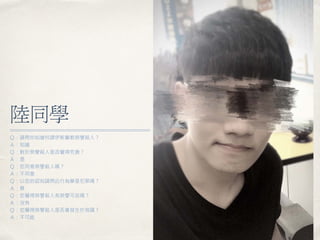 陸同學
Ｑ：請問你知道何謂伊斯蘭教榮譽殺人？
Ａ：知道
Ｑ：對於榮譽殺人是否覺得荒唐？
Ａ：是
Ｑ：您同意榮譽殺人嗎？
Ａ：不同意
Ｑ：以您的認知請問此行為算是犯罪嗎？
Ａ：算
Ｑ：您覺得榮譽殺人有榮譽可言嗎？
Ａ：沒有
Ｑ：您覺得榮譽殺人是否會發生於我國？
Ａ：不可能
 