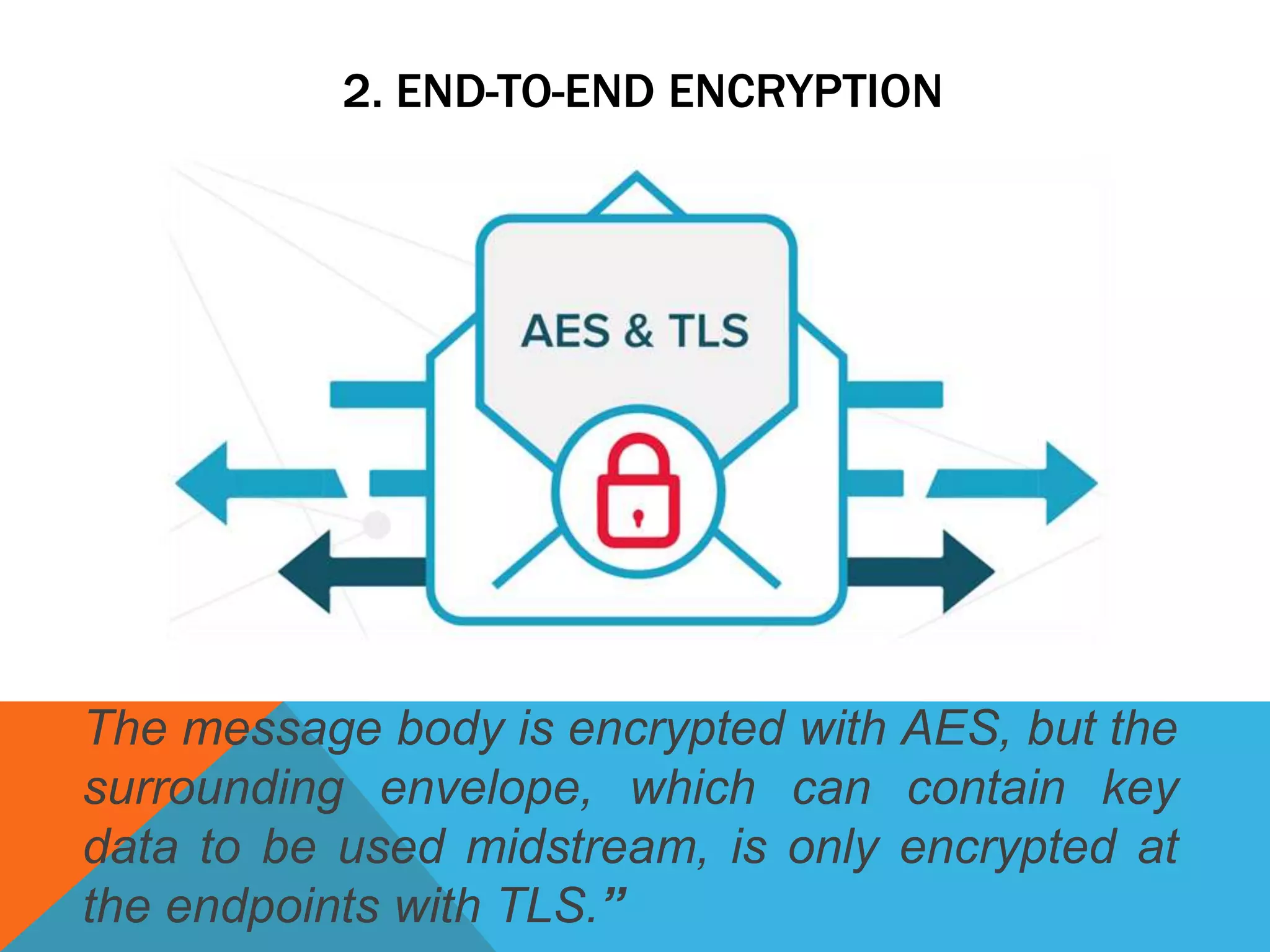 2. END-TO-END ENCRYPTION
The message body is encrypted with AES, but the
surrounding envelope, which can contain key
data to be used midstream, is only encrypted at
the endpoints with TLS.”
 