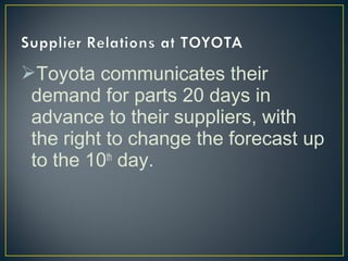 Toyota communicates their
demand for parts 20 days in
advance to their suppliers, with
the right to change the forecast up
to the 10th day.

 