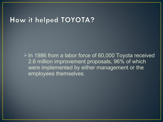 In 1986 from a labor force of 60,000 Toyota received
2.6 million improvement proposals, 96% of which
were implemented by either management or the
employees themselves.

 
