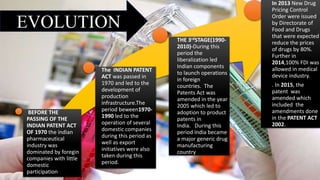 BEFORE THE
PASSING OF THE
INDIAN PATENT ACT
OF 1970 the indian
pharmaceutical
industry was
dominated by foregin
companies with little
domestic
participation
The INDIAN PATENT
ACT was passed in
1970 and led to the
development of
production
infrastructure.The
period beween1970-
1990 led to the
operation of several
domestic companies
during this period as
well as export
initiatives were also
taken during this
period.
THE 3rdSTAGE(1990-
2010)-During this
period the
liberalization led
Indian components
to launch operations
in foreign
countries. The
Patents Act was
amended in the year
2005 which led to
adoption to product
patents in
India. During this
period India became
a major generic drug
manufacturing
country
In 2013 New Drug
Pricing Control
Order were issued
by Directorate of
Food and Drugs
that were expected
reduce the prices
of drugs by 80%.
Further in
2014,100% FDI was
allowed in medical
device industry.
. In 2015, the
patent was
amended which
included the
amendments done
in the PATENT ACT
2002.
EVOLUTION
 