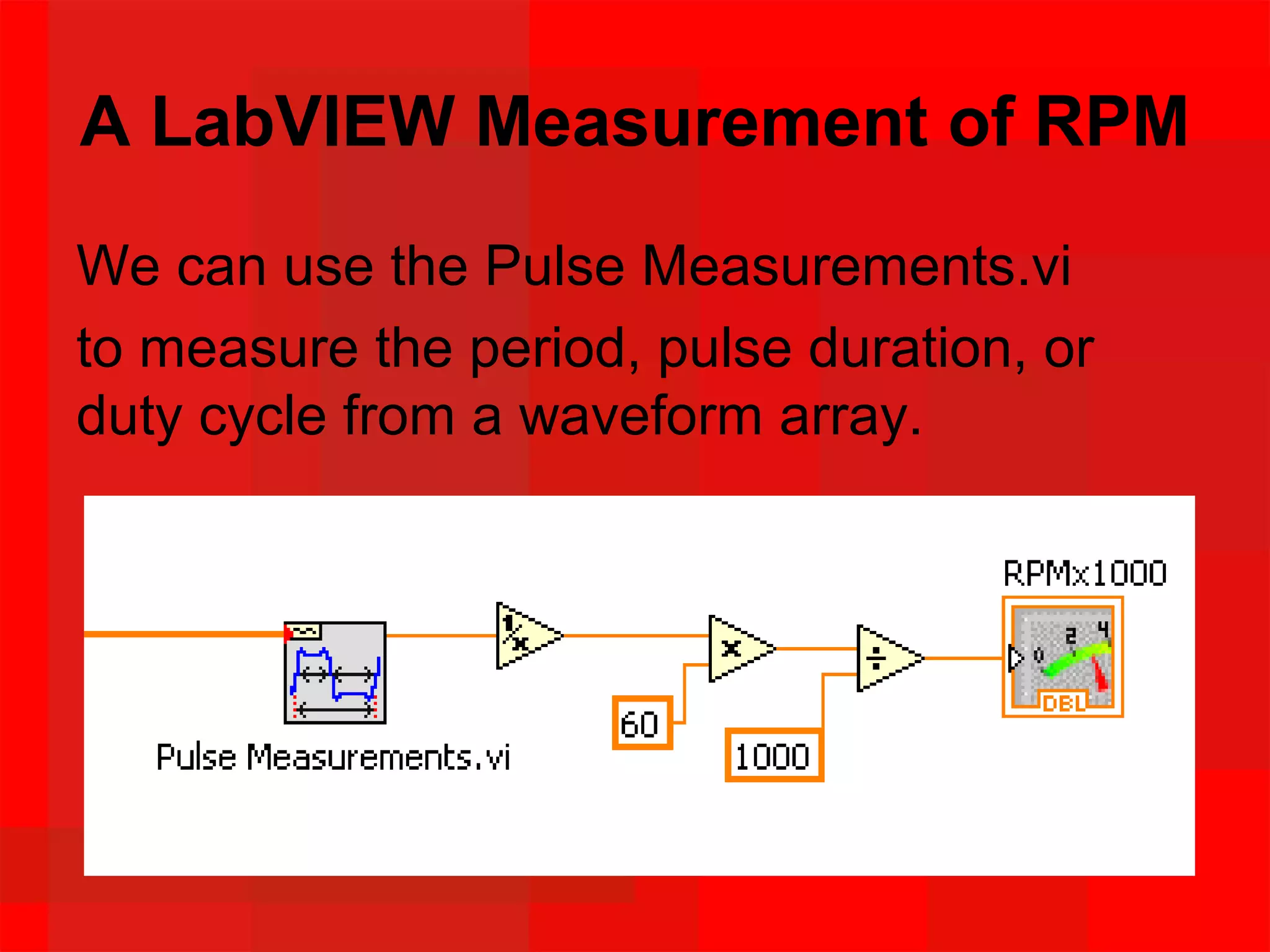 A LabVIEW Measurement of RPM
We can use the Pulse Measurements.vi
to measure the period, pulse duration, or
duty cycle from a waveform array.
 
