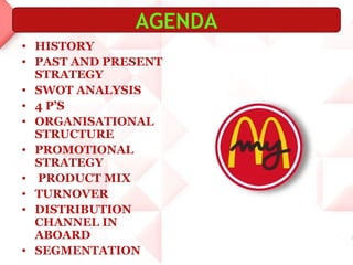 • HISTORY
• PAST AND PRESENT
STRATEGY
• SWOT ANALYSIS
• 4 P’S
• ORGANISATIONAL
STRUCTURE
• PROMOTIONAL
STRATEGY
• PRODUCT MIX
• TURNOVER
• DISTRIBUTION
CHANNEL IN
ABOARD
• SEGMENTATION
AGENDA
 