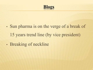 Blogs
• Sun pharma is on the verge of a break of
15 years trend line (by vice president)
• Breaking of neckline
 