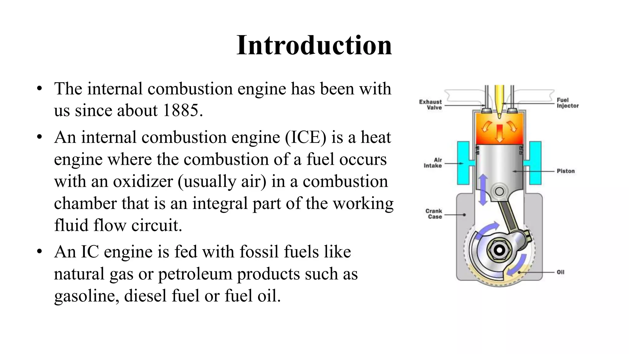 Introduction
• The internal combustion engine has been with
us since about 1885.
• An internal combustion engine (ICE) is a heat
engine where the combustion of a fuel occurs
with an oxidizer (usually air) in a combustion
chamber that is an integral part of the working
fluid flow circuit.
• An IC engine is fed with fossil fuels like
natural gas or petroleum products such as
gasoline, diesel fuel or fuel oil.
 