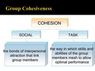 COHESION

         SOCIAL                         TASK


                             the way in which skills and
the bonds of interpersonal
                                abilities of the group
    attraction that link
                               members mesh to allow
     group members
                                optimal performance
 