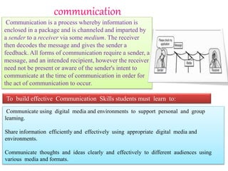 communication
Communication is a process whereby information is
enclosed in a package and is channeled and imparted by
a sender to a receiver via some medium. The receiver
then decodes the message and gives the sender a
feedback. All forms of communication require a sender, a
message, and an intended recipient, however the receiver
need not be present or aware of the sender's intent to
communicate at the time of communication in order for
the act of communication to occur.
To build effective Communication Skills students must learn to:
Communicate using digital media and environments to support personal and group
learning.
Share information efficiently and effectively using appropriate digital media and
environments.
Communicate thoughts and ideas clearly and effectively to different audiences using
various media and formats.
 