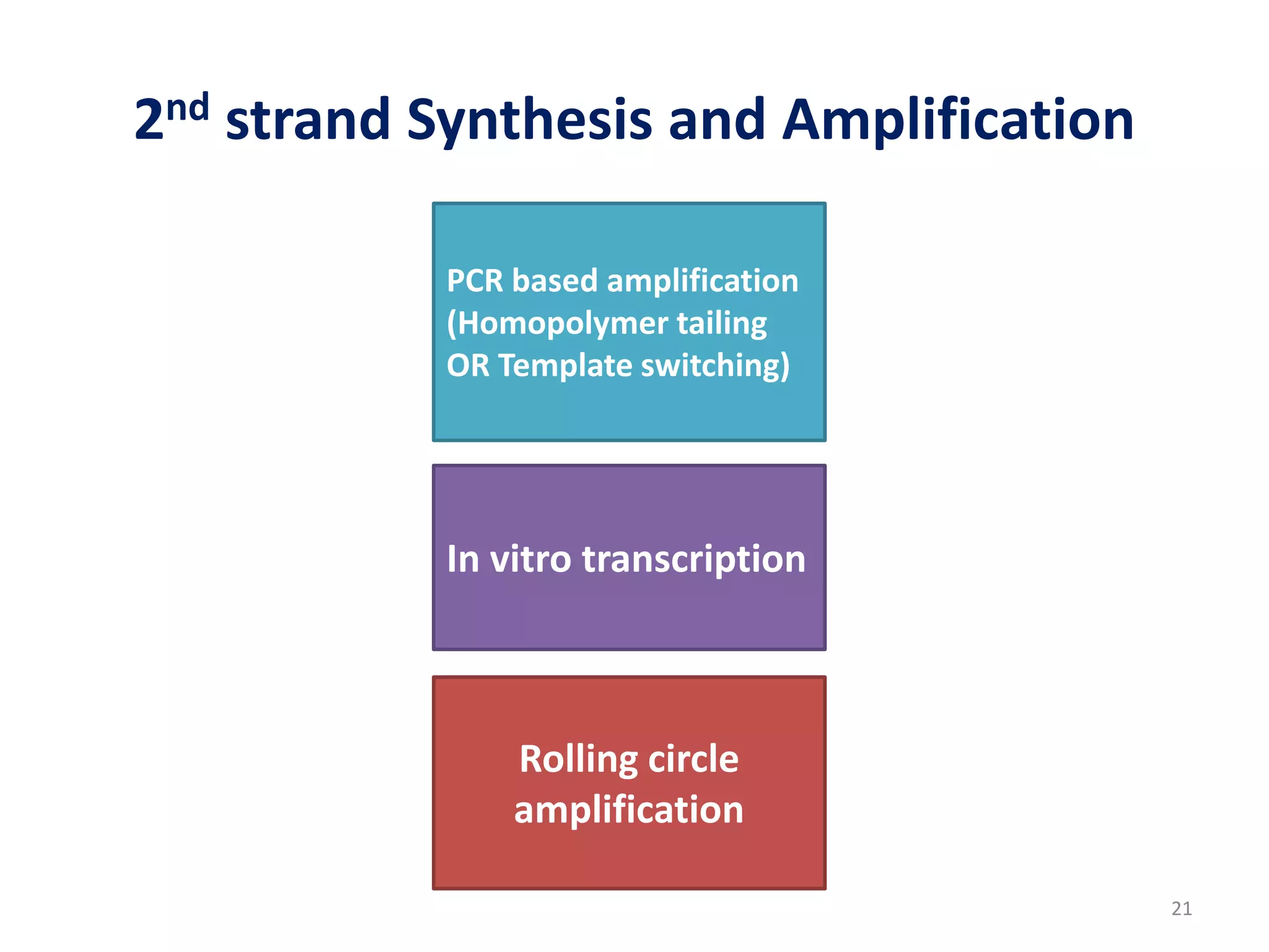 2nd strand Synthesis and Amplification
PCR based amplification
(Homopolymer tailing
OR Template switching)
In vitro transcription
Rolling circle
amplification
21
 