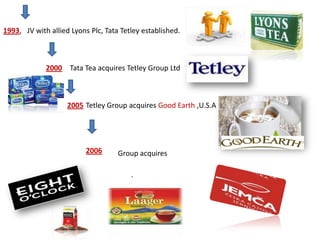 Tata Tea has subsidiaries in Australia, Great Britain, United States, Czech Republic and India.