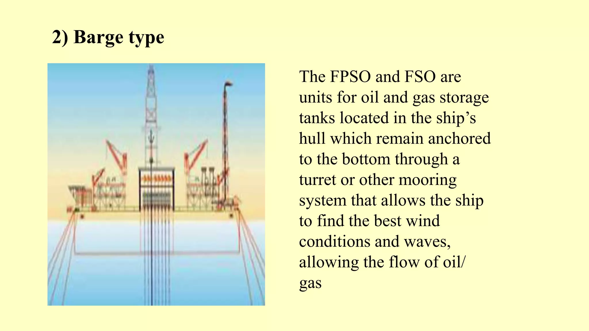2) Barge type
The FPSO and FSO are
units for oil and gas storage
tanks located in the ship’s
hull which remain anchored
to the bottom through a
turret or other mooring
system that allows the ship
to find the best wind
conditions and waves,
allowing the flow of oil/
gas
 