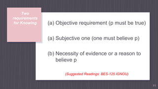 Two
requirements
for Knowing (a) Objective requirement (p must be true)
(a) Subjective one (one must believe p)
(b) Necessity of evidence or a reason to
believe p
(Suggested Readings: BES-125 IGNOU)
11
 
