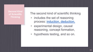 Second Kind
of Scientific
Thinking
The second kind of scientiﬁc thinking
▹ includes the set of reasoning
process: induction, deduction,
▹ experimental design, causal
reasoning, concept formation,
▹ hypothesis testing, and so on.
54
 