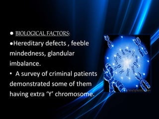 ● BIOLOGICAL FACTORS:
●Hereditary defects , feeble
mindedness, glandular
imbalance.
• A survey of criminal patients
demonstrated some of them
having extra ‘Y’ chromosome.
 