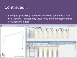 Continued…
• In the post processing mode we are able to see the reactions,
displacements, deflections, shear force and bending moments
for various members
 