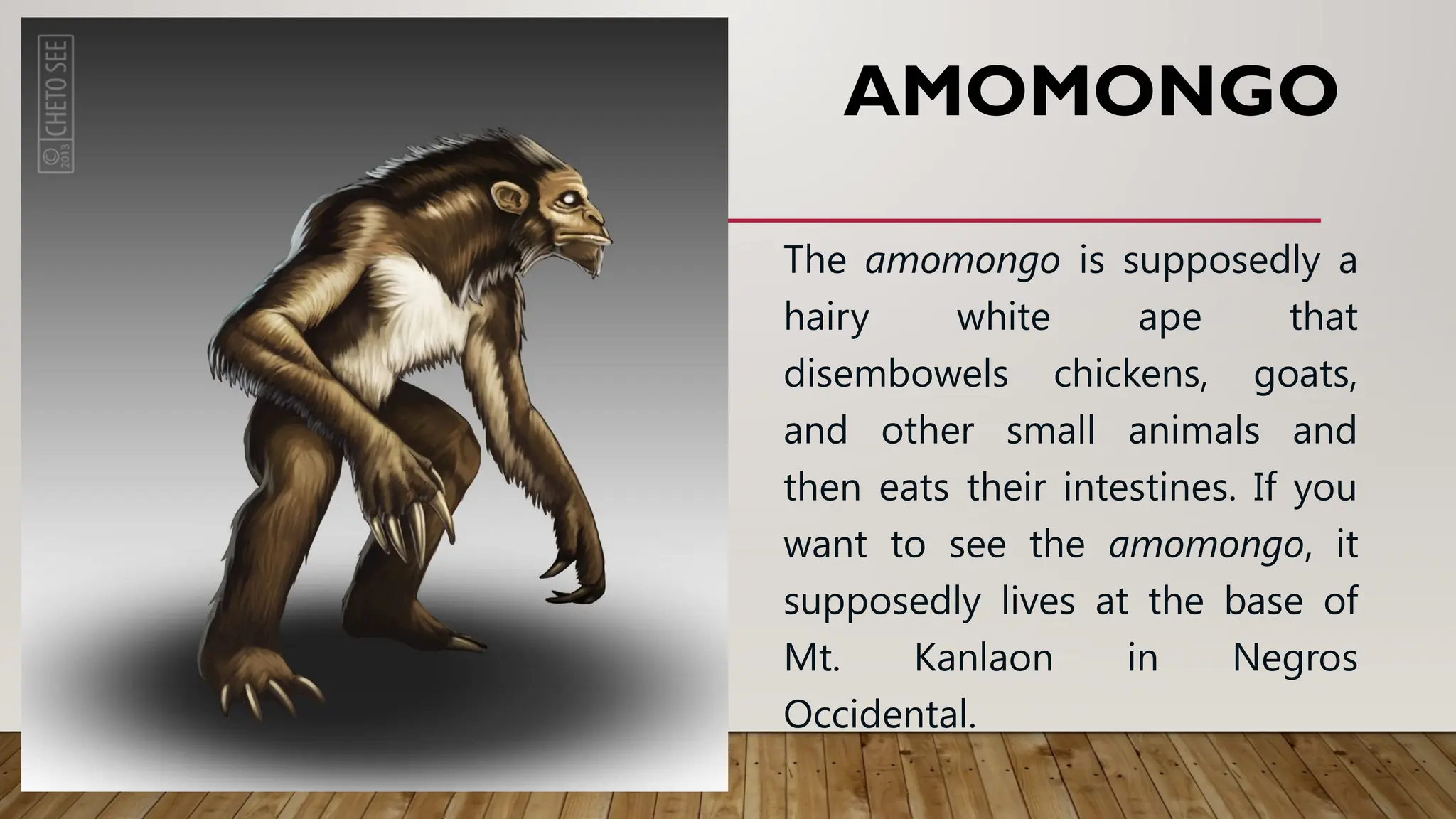AMOMONGO
The amomongo is supposedly a
hairy white ape that
disembowels chickens, goats,
and other small animals and
then eats their intestines. If you
want to see the amomongo, it
supposedly lives at the base of
Mt. Kanlaon in Negros
Occidental.
 