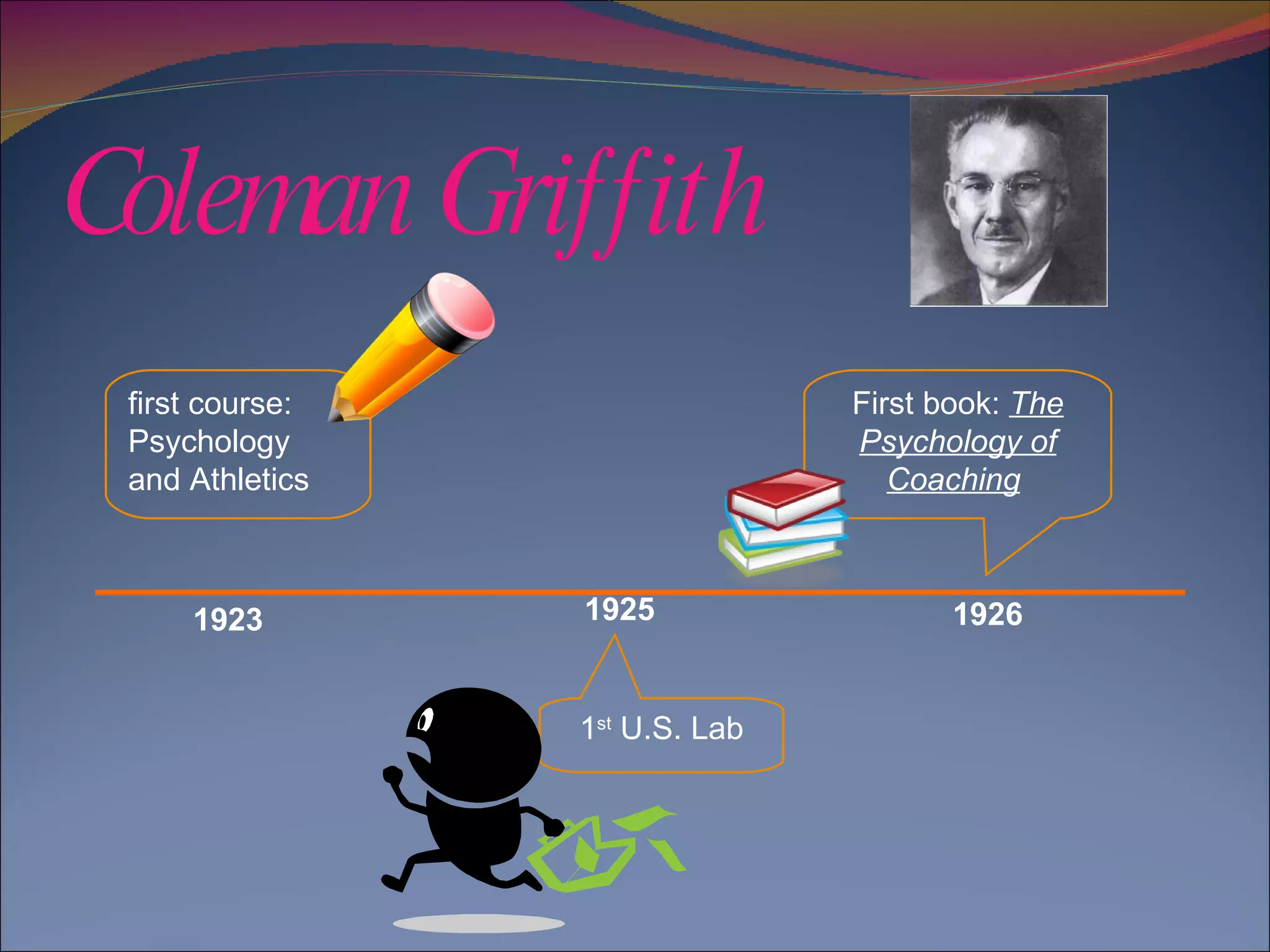 First book:  The Psychology of Coaching   1 st   U.S . Lab first course:  Psychology and Athletics 1923 1925 1926 Coleman Griffith 