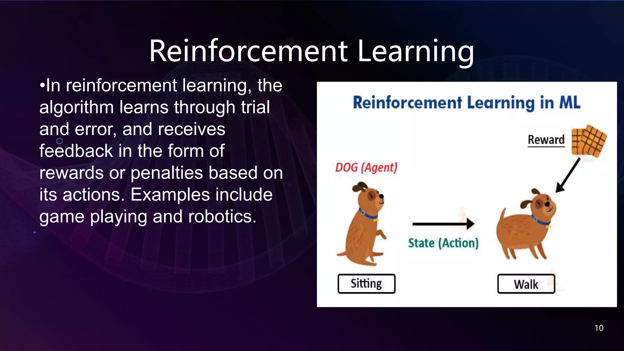 Reinforcement Learning
10
•In reinforcement learning, the
algorithm learns through trial
and error, and receives
feedback in the form of
rewards or penalties based on
its actions. Examples include
game playing and robotics.
 