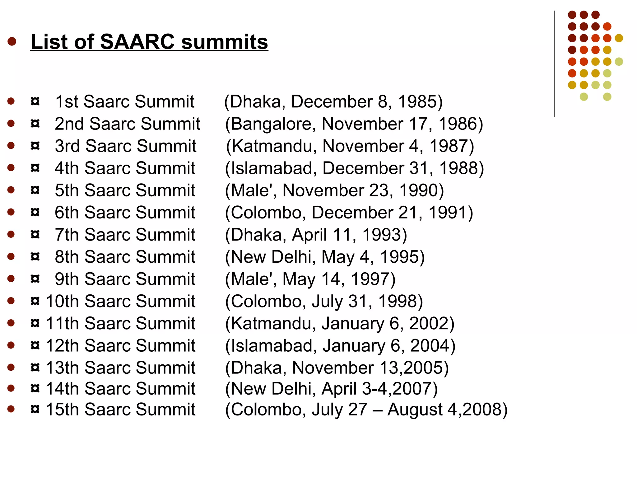 List of SAARC summits ¤   1st Saarc Summit  (Dhaka, December 8, 1985) ¤   2nd Saarc Summit  (Bangalore, November 17, 1986) ¤   3rd Saarc Summit  (Katmandu, November 4, 1987) ¤   4th Saarc Summit  (Islamabad, December 31, 1988) ¤   5th Saarc Summit  (Male', November 23, 1990) ¤   6th Saarc Summit  (Colombo, December 21, 1991) ¤   7th Saarc Summit  (Dhaka, April 11, 1993) ¤   8th Saarc Summit  (New Delhi, May 4, 1995) ¤   9th Saarc Summit  (Male', May 14, 1997) ¤  10th Saarc Summit  (Colombo, July 31, 1998) ¤  11th Saarc Summit  (Katmandu, January 6, 2002) ¤  12th Saarc Summit  (Islamabad, January 6, 2004) ¤  13th Saarc Summit  (Dhaka, November 13,2005) ¤  14th Saarc Summit  (New Delhi, April 3-4,2007)   ¤  15th Saarc Summit  (Colombo, July 27 – August 4,2008)   