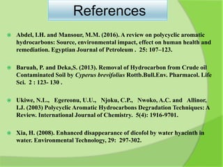 References
 Abdel, I.H. and Mansour, M.M. (2016). A review on polycyclic aromatic
hydrocarbons: Source, environmental impact, effect on human health and
remediation. Egyptian Journal of Petroleum . 25: 107–123.
 Baruah, P. and Deka,S. (2013). Removal of Hydrocarbon from Crude oil
Contaminated Soil by Cyperus brevifolius Rottb.Bull.Env. Pharmacol. Life
Sci. 2 : 123- 130 .
 Ukiwe, N.L., Egereonu, U.U., Njoku, C.P., Nwoko, A.C. and Allinor,
I.J. (2003) Polycyclic Aromatic Hydrocarbons Degradation Techniques: A
Review. International Journal of Chemistry. 5(4): 1916-9701.
 Xia, H. (2008). Enhanced disappearance of dicofol by water hyacinth in
water. Environmental Technology, 29: 297-302.
 