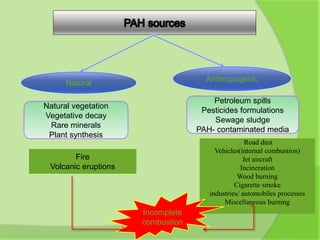 Natural
Anthropogenic
Natural vegetation
Vegetative decay
Rare minerals
Plant synthesis
Petroleum spills
Pesticides formulations
Sewage sludge
PAH- contaminated media
Fire
Volcanic eruptions
Road dust
Vehicles(internal combustion)
Jet aircraft
Incineration
Wood burning
Cigarette smoke
industries/ automobiles processes
Miscellaneous burning
Incomplete
combustion
 