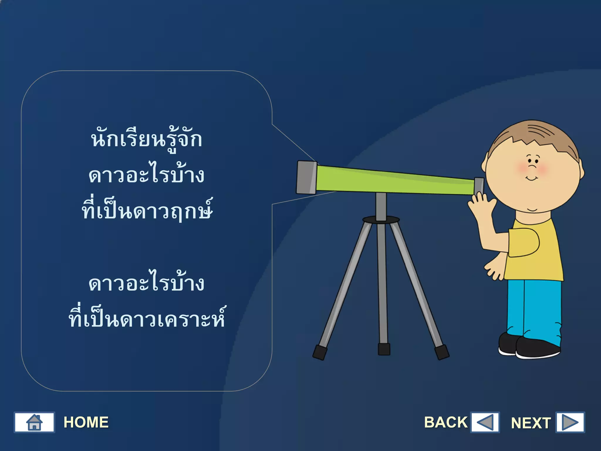 นักเรียนรู้จัก
ดาวอะไรบ้าง
ที่เป็นดาวฤกษ์
ดาวอะไรบ้าง
ที่เป็นดาวเคราะห์
HOME NEXTBACK
 