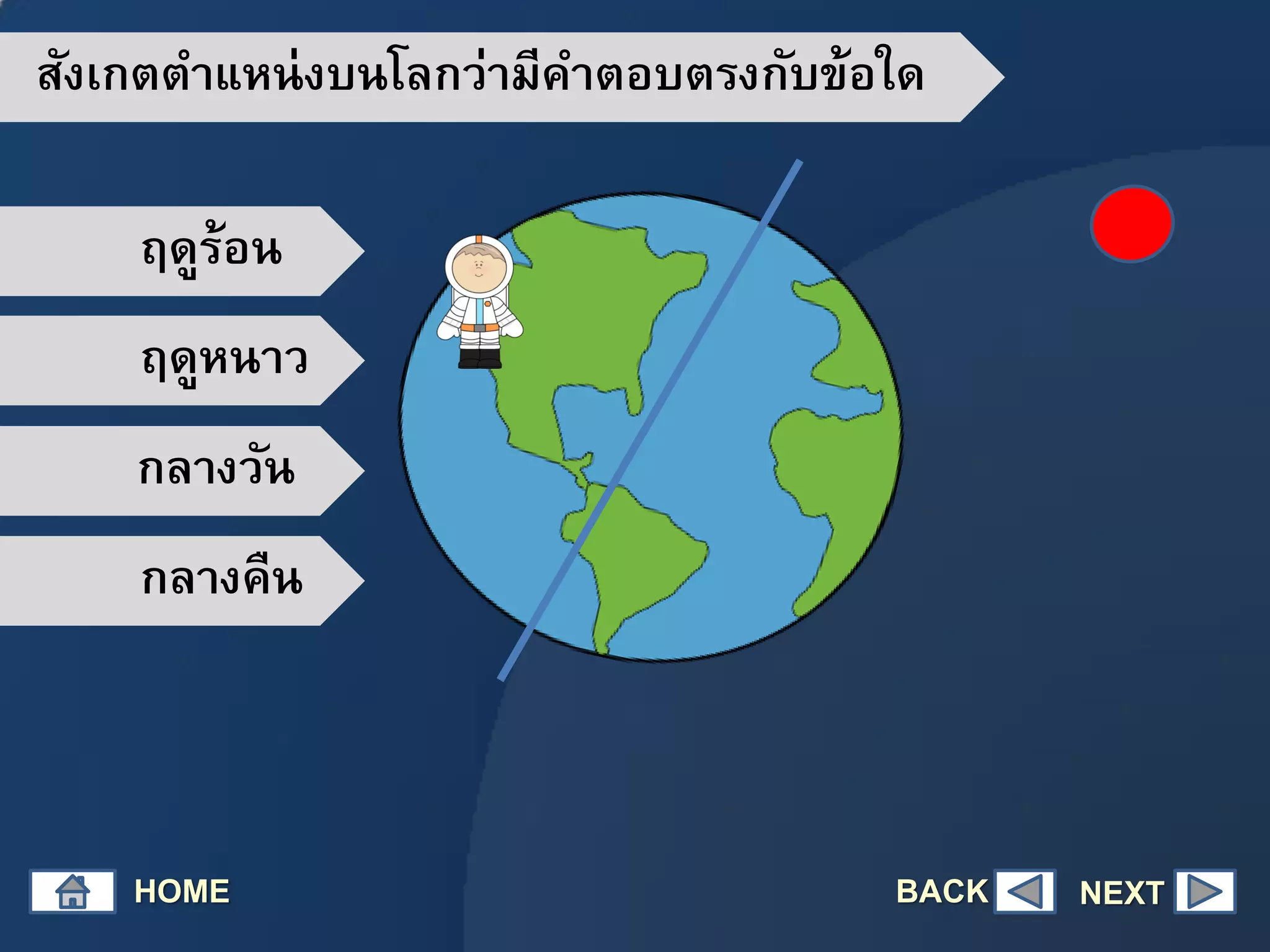 สังเกตตาแหน่งบนโลกว่ามีคาตอบตรงกับข้อใด
ฤดูร้อน
ฤดูหนาว
กลางวัน
กลางคืน
HOME NEXTBACK
 