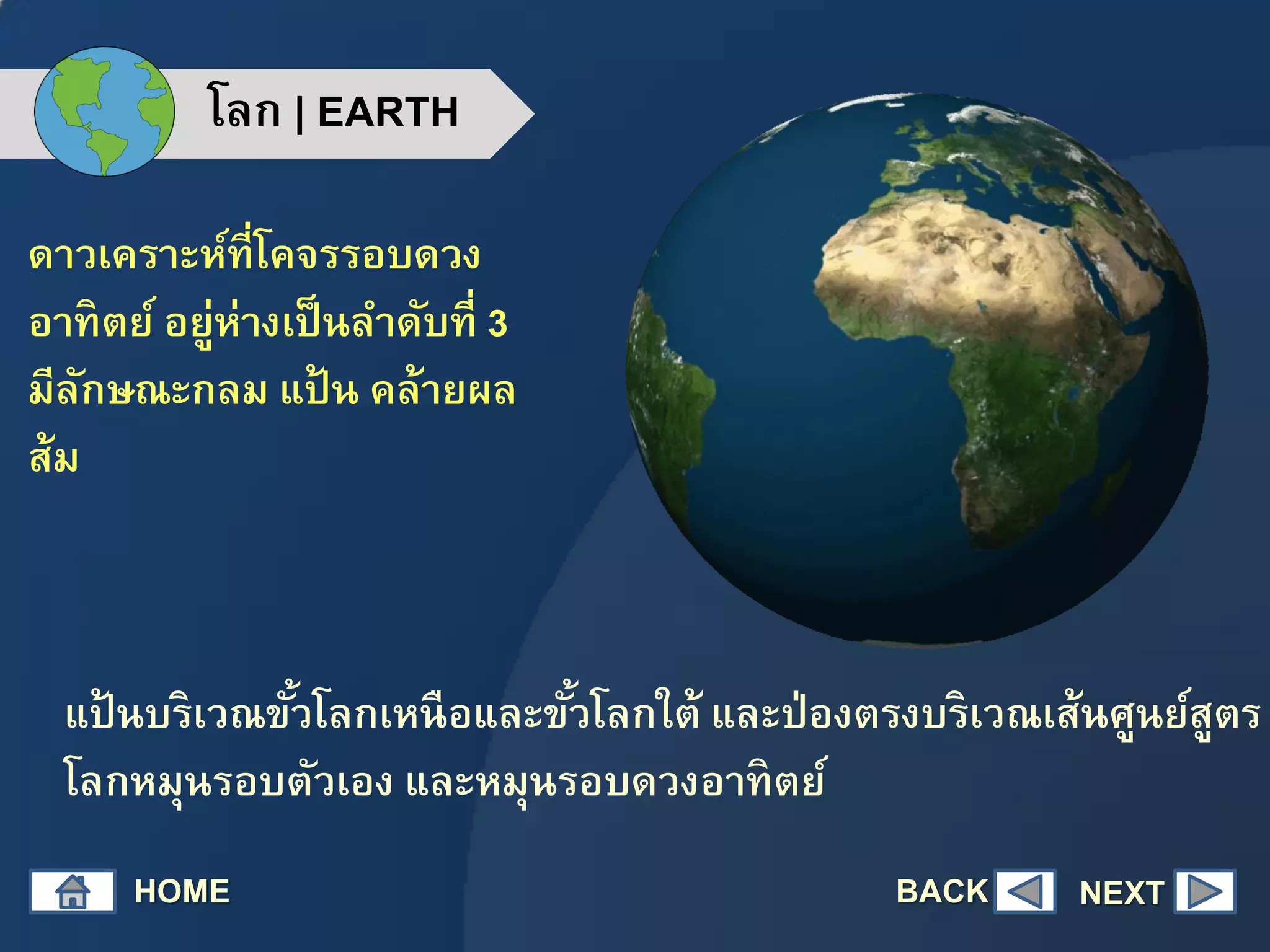 โลก | EARTH
ดาวเคราะห์ที่โคจรรอบดวง
อาทิตย์ อยู่ห่างเป็นลาดับที่ 3
มีลักษณะกลม แป้ น คล้ายผล
ส้ม
แป้ นบริเวณขั้วโลกเหนือและขั้วโลกใต้ และป่องตรงบริเวณเส้นศูนย์สูตร
โลกหมุนรอบตัวเอง และหมุนรอบดวงอาทิตย์
HOME NEXTBACK
 