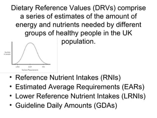 Dietary Reference Values (DRVs) comprise a series of estimates of the amount of energy and nutrients needed by different groups of healthy people in the UK population. Reference Nutrient Intakes (RNIs) Estimated Average Requirements (EARs)  Lower Reference Nutrient Intakes (LRNIs) Guideline Daily Amounts (GDAs) 