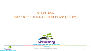 Copyright © 2016 CrawlSpring All Rights Reserved. 1
STARTUPS-
EMPLOYEE STOCK OPTION PLANS(ESOPs)
Crawlspring
Share your idea, we will do the rest
StartUp
Crawlspring
Share your idea, we will do the
 
