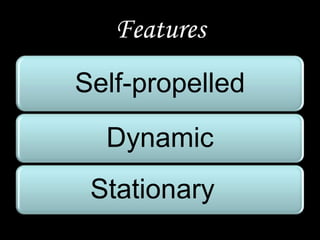 Features
Self-propelled
  Dynamic
 Stationary
 