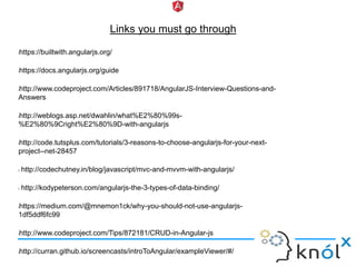 Links you must go through
lhttps://builtwith.angularjs.org/
lhttps://docs.angularjs.org/guide
lhttp://www.codeproject.com/Articles/891718/AngularJS-Interview-Questions-and-
Answers
lhttp://weblogs.asp.net/dwahlin/what%E2%80%99s-
%E2%80%9Cright%E2%80%9D-with-angularjs
lhttp://code.tutsplus.com/tutorials/3-reasons-to-choose-angularjs-for-your-next-
project--net-28457
l http://codechutney.in/blog/javascript/mvc-and-mvvm-with-angularjs/
l http://kodypeterson.com/angularjs-the-3-types-of-data-binding/
lhttps://medium.com/@mnemon1ck/why-you-should-not-use-angularjs-
1df5ddf6fc99
lhttp://www.codeproject.com/Tips/872181/CRUD-in-Angular-js
lhttp://curran.github.io/screencasts/introToAngular/exampleViewer/#/
 