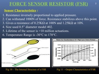 FORCE SENSOR RESISTOR (FSR)                                                  5

 Sensor Characteristics :
1. Resistance inversely proportional to applied pressure.
2. Can withstand 1000N of force. Resistance stabilizes above this point.
3. Gives a resistance of 0.25KΩ at 100N and 1.25KΩ at 10N.
4. Size used 0.5” diameter model 402.
5. Lifetime of the sensor is >10 million actuations.
6. Temperature Range is -30°C to 170°C.




  Fig 10 – The Internal Structure of a FSR   Fig 11 – Output Characteristics of FSR
 