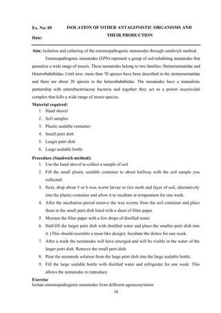 16
Ex. No: 05 ISOLATION OF OTHER ANTAGONISTIC ORGANISMS AND
THEIR PRODUCTION
Date:
Aim: Isolation and culturing of the entomopathogenic nematodes through sandwich method.
Entomopathogenic nematodes (EPN) represent a group of soil-inhabiting nematodes that
parasitize a wide range of insects. These nematodes belong to two families: Steinernematidae and
Heterorhabditidae. Until now, more than 70 species have been described in the steinernematidae
and there are about 20 species in the heterorhabditidae. The nematodes have a mutualistic
partnership with enterobacteriaceae bacteria and together they act as a potent insecticidal
complex that kills a wide range of insect species.
Material required:
1. Hand shovel
2. Soil samples
3. Plastic sealable container
4. Small petri dish
5. Larger petri dish
6. Large sealable bottle
Procedure (Sandwich method):
1. Use the hand shovel to collect a sample of soil
2. Fill the small plastic sealable container to about halfway with the soil sample you
collected.
3. Next, drop about 5 or 6 wax worm larvae or rice moth and layer of soil, alternatively
into the plastic container and allow it to incubate at temperature for one week.
4. After the incubation period remove the wax worms from the soil container and place
them in the small petri dish lined with a sheet of filter paper.
5. Moisten the filter paper with a few drops of distilled water.
6. Half-fill the larger petri dish with distilled water and place the smaller petri dish into
it. (This should resemble a moat-like design). Incubate the dishes for one week.
7. After a week the nematodes will have emerged and will be visible in the water of the
larger petri dish. Remove the small petri dish.
8. Pour the nematode solution from the large petri dish into the large sealable bottle.
9. Fill the large sealable bottle with distilled water and refrigerate for one week. This
allows the nematodes to reproduce
Exercise
Isolate entomopathogenic nematodes from different agroecosystems
 