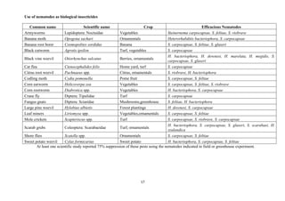 17
Use of nematodes as biological insecticides
Common name Scientific name Crop Efficacious Nematodes
Armyworms Lepidoptera: Noctuidae Vegetables Steinernema carpocapsae, S. feltiae, S. riobrave
Banana moth Opogona sachari Ornamentals Heterorhabditis bacteriophora, S. carpocapsae
Banana root borer Cosmopolites sordidus Banana S. carpocapsae, S. feltiae, S. glaseri
Black cutworm Agrotis ipsilon Turf, vegetables S. carpocapsae
Black vine weevil Otiorhynchus sulcatus Berries, ornamentals
H. bacteriophora, H. downesi, H. marelata, H. megidis, S.
carpocapsae, S. glaseri
Cat flea Ctenocephalides felis Home yard, turf S. carpocapsae
Citrus root weevil Pachnaeus spp. Citrus, ornamentals S. riobrave, H. bacteriophora
Codling moth Cydia pomonella Pome fruit S. carpocapsae, S. feltiae
Corn earworm Helicoverpa zea Vegetables S. carpocapsae, S. feltiae, S. riobrave
Corn rootworm Diabrotica spp. Vegetables H. bacteriophora, S. carpocapsae
Crane fly Diptera: Tipulidae Turf S. carpocapsae
Fungus gnats Diptera: Sciaridae Mushrooms,greenhouse S. feltiae, H. bacteriophora
Large pine weevil Hylobius albietis Forest plantings H. downesi, S. carpocapsae
Leaf miners Liriomyza spp. Vegetables,ornamentals S. carpocapsae, S. feltiae
Mole crickets Scapteriscus spp. Turf S. carpocapsae, S. riobrave, S. carpocapsae
Scarab grubs Coleoptera: Scarabaeidae Turf, ornamentals
H. bacteriophora, S. carpocapsae, S. glaseri, S. scarabaei, H.
zealandica
Shore flies Scatella spp. Ornamentals S. carpocapsae, S. feltiae
Sweet potato weevil Cylas formicarius Sweet potato H. bacteriophora, S. carpocapsae, S. feltiae
At least one scientific study reported 75% suppression of these pests using the nematodes indicated in field or greenhouse experiment.
 