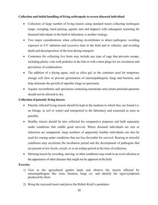 20
Collection and initial handling of living arthropods to screen diseased individual
• Collection of large number of living insects using standard insect collecting techniques
(traps, sweeping, hand picking, aquatic nets and dippers) with subsequent screening for
diseased individuals in the ﬁeld or laboratory is another strategy.
• Two major considerations when collecting invertebrates to detect pathogens: avoiding
exposure to UV radiation and excessive heat in the ﬁeld and in vehicles, and avoiding
death and decomposition of the host during transport.
• Containers for collecting live hosts may include any type of cage that prevents escape,
including plastic vials with pinholes in the lids or with cotton plugs for air circulation and
prevention of condensation.
• The addition of a drying agent, such as silica gel, to the container used for temporary
storage will slow or prevent germination of entomopathogenic fungi and bacteria, and
help eliminate the growth of saprobic fungi on specimens
• Aquatic invertebrates and specimens containing nematodes and certain protistan parasites
should not be allowed to dry.
Collection of patently living insects
• Patently infected living insects should be kept in the medium in which they are found (i.e.
on foliage, in soil or water) and transported to the laboratory and examined as soon as
possible.
• Healthy insects should be also collected for comparative purposes and held separately
under conditions that enable good survival. Where diseased individuals are rare or
infections are unapparent, large numbers of apparently healthy individuals can also be
used for rearing under conditions that are less favorable for survival. Rearing in stressful
conditions may accelerate the incubation period and the development of pathogens that
are present at low levels, occult, or in an eclipse period at the time of collection.
• Stressing insects by crowding, starving, or other conditions may result in an overt infection or
the appearance of other diseases that might not be apparent in the ﬁeld.
Exercise
1) Visit to the agricultural garden lands and observe the insects affected by
entomopathogens like virus, bacteria, fungi etc. and identify the signs/symptoms
produced by them
2) Bring the mycosed insect and prove the Robert Koch’s postulates
 