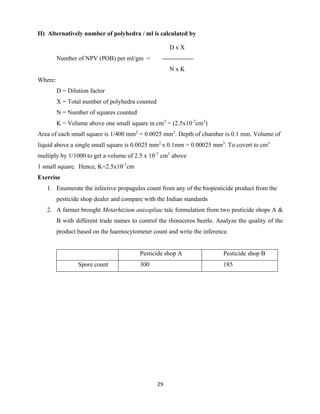 29
II) Alternatively number of polyhedra / ml is calculated by
D x X
Number of NPV (POB) per ml/gm =
N x K
Where:
D = Dilution factor
X = Total number of polyhedra counted
N = Number of squares counted
K = Volume above one small square in cm3
= (2.5x10-7
cm3
)
Area of each small square is 1/400 mm2
= 0.0025 mm2
. Depth of chamber is 0.1 mm. Volume of
liquid above a single small square is 0.0025 mm2
x 0.1mm = 0.00025 mm3
. To covert to cm3
multiply by 1/1000 to get a volume of 2.5 x 10-7
cm3
above
1 small square. Hence, K=2.5x10-7
cm
Exercise
1. Enumerate the infective propagules count from any of the biopesticide product from the
pesticide shop dealer and compare with the Indian standards
2. A farmer brought Metarhizium anisopliae talc formulation from two pesticide shops A &
B with different trade names to control the rhinoceros beetle. Analyze the quality of the
product based on the haemocytometer count and write the inference.
Pesticide shop A Pesticide shop B
Spore count 300 185
 