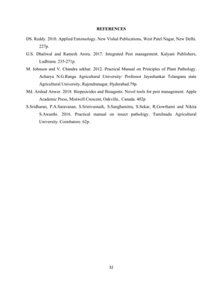 32
REFERENCES
DS. Reddy. 2010. Applied Entomology. New Vishal Publications, West Patel Nagar, New Delhi.
227p.
G.S. Dhaliwal and Ramesh Arora. 2017. Integrated Pest management. Kalyani Publishers,
Ludhiana. 235-271p.
M. Johnson and V. Chandra sekhar. 2012. Practical Manual on Principles of Plant Pathology.
Acharya N.G.Ranga Agricultural University/ Professor Jayashankar Telangana state
Agricultural University, Rajendranagar, Hyderabad.79p.
Md. Arshad Anwer. 2018. Biopesicides and Bioagents: Novel tools for pest management. Apple
Academic Press, Mistwell Crescent, Oakville, Canada. 402p
S.Sridharan, P.A.Saravanan, S.Srinivasnaik, S.Sanghamitra, S.Sekar, R.Gowthami and Nikita
S.Awasthi. 2016. Practical manual on insect pathology. Tamilnadu Agricultural
University. Coimbatore. 62p.
 
