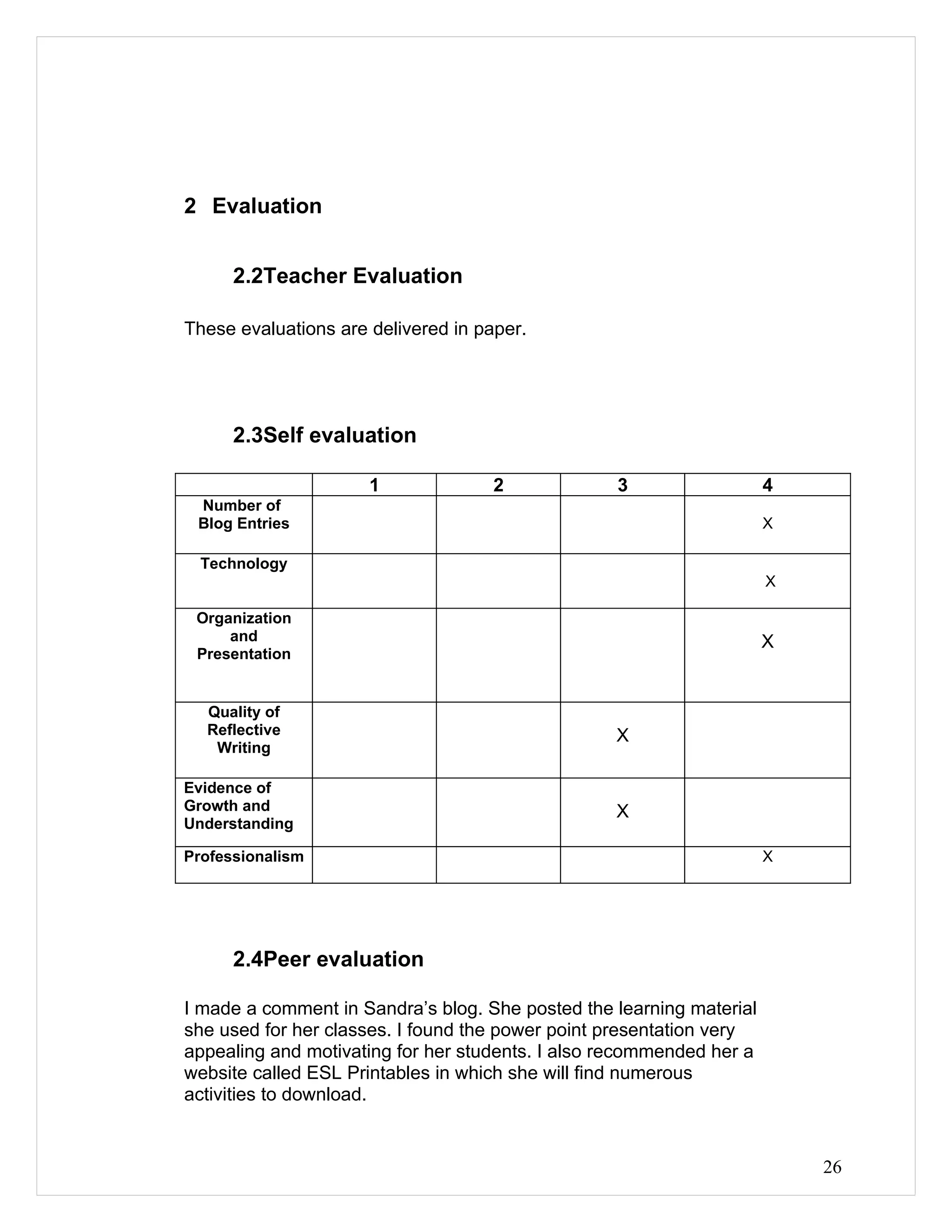 2 Evaluation


      2.2Teacher Evaluation

These evaluations are delivered in paper.




      2.3Self evaluation

                      1              2            3                   4
 Number of
 Blog Entries                                                         X

  Technology
                                                                      X

 Organization
     and                                                              X
 Presentation


  Quality of
  Reflective                                      X
   Writing

Evidence of
Growth and                                        X
Understanding

Professionalism                                                       X




      2.4Peer evaluation

I made a comment in Sandra’s blog. She posted the learning material
she used for her classes. I found the power point presentation very
appealing and motivating for her students. I also recommended her a
website called ESL Printables in which she will find numerous
activities to download.


                                                                          26
 