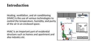 Heating, ventilation, and air conditioning
(HVAC) is the use of various technologies to
control the temperature, humidity, and purity
of the air in an enclosed space.
HVAC is an important part of residential
structure such as homes and apartment and
also industry etc.
Introduction
 
