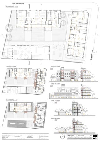 C

D

Rua São Carlos
PLANTA TÉRREO - 1:100

16

16

17

15

17

08

18

07

19

06

20

05

05

21

04

04

03

03

02

02

01

01

15
08
07
06

18
19
20
21

07

05

06

03

LOJA 2
área útil: 55 m²

02

LOJA 1
área útil: 55 m²

01

ATELIER 1
área útil: 92 m²

04

ATELIER 2
área útil: 111 m²

A

A

07

05

06

03

01

02

ANEXO
área útil: 44 m²

04

ATELIER 3
área útil: 58 m²

Rua Hoffm
ann

ATELIER 4
área útil: 61 m²

B
SALA 1
área útil: 85 m²

SALA 2
área útil: 80 m²

CORTE A - ed. são carlos, pátio, galpão

B

CORTE C - pátio

ESCALA 1:200

C

D

ESCALA 1:200

Rua São Carlos

PLANTA TIPO- 1:200

CORTE AA - 1:200

SALA 2
área útil: 74 m²

SALA 1
área útil: 54 m²

SALA 3
área útil: 54 m²

CORTE A - ed. são carlos, pátio, galpão

CORTE C - pátio

ESCALA 1:200

CORTE BB - 1:200

Rua Hoffm

ann

ESCALA 1:200

CORTE A - ed. são carlos, pátio, galpão
ESCALA 1:200

Rua São Carlos

PLANTA SÓTÃO - 1:200

CORTE B - ed. são carlos, pátio, galpão

CORTE D - galpão, ed. hoffman

CORTE CC - 1:200

ESCALA 1:200

ESCALA 1:200

10
09

10

08

11

07

12

06

13

05

14

04

15

03

16

02

17

11

09

12

08

13

07

14

06

15

05

16

04

17

03

18

02

01 19
07

04

05

03
02

01

06

SALA 1 - todo o pavimento
área útil: 210 m²
(incluindo varandas)

CORTE A - ed. são carlos, pátio, galpão
ESCALA 1:200

07

04

05

03
02

01

06

CORTE DD - 1:200
CORTE B - ed. são carlos, pátio, galpão

CORTE D - galpão, ed. hoffman

ESCALA 1:200

Rua Hoffm

ann

ESCALA 1:200

QUADRO DE ÁREAS
ÁREA DO TERRENO: 1.415 m2
TOTAL CONSTRUÍDO ATUAL: 2.332 m2
ed. São Carlos: 1.041 m2
ed. Hoffman: 1.115 m2
galpão: 176 m2

CORTE B - ed. são carlos, pátio, galpão

TOTAL A CONSTRUIR: 272 m2
estruturas parasitas: 196 m2
anexo galpão: 76 m2
TOTAL ÁREA CONSTRUÍDA: 2.604 m2

TOTAL ÁREA ÚTIL: 2.122 m2
ed. São Carlos: 890 m2
ed. Hoffman: 998 m2
galpão+ anexo: 234 m2

T.0. (taxa e ocupação):
70%
C.A. (coeficiente de aproveitamento):
1,84
Taxa de permeabilidade:
56% (80 m2)

CO

ESCALA 1:200

N

VILA FLORES	

-	

07/12/2013

-

03

Rua São Carlos x Rua Hoffmann | Bairro Floresta | Porto Alegre
GOMAOFICINA.COM | Rua Dr. Carvalho de Mendonça, 200 | Campos Eliseos | São Paulo | Sp | Brasil

ESC

 