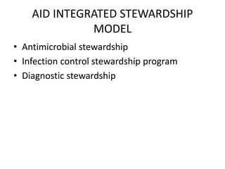 AID INTEGRATED STEWARDSHIP
MODEL
• Antimicrobial stewardship
• Infection control stewardship program
• Diagnostic stewardship
 