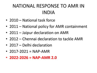 NATIONAL RESPONSE TO AMR IN
INDIA
• 2010 – National task force
• 2011 – National policy for AMR containment
• 2011 – Jaipur declaration on AMR
• 2012 – Chennai declaration to tackle AMR
• 2017 – Delhi declaration
• 2017-2021 = NAP-AMR
• 2022-2026 = NAP-AMR 2.0
 