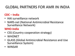 GLOBAL PARTNERS FOR AMR IN INDIA
CDC – India
• HAI surveillance network
• NARS-net (National Antimicrobial Resistance
Surveillance Network)
WHO-India
• CSS (Country cooperation strategy)
• WHONET
• GLASS (Global Antimicrobial Resistance and Use
Surveillance System)
• WINSAR
 