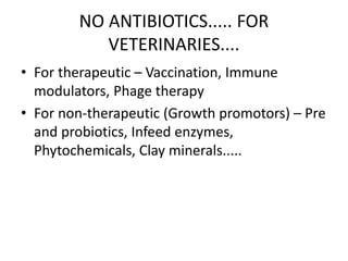 NO ANTIBIOTICS..... FOR
VETERINARIES....
• For therapeutic – Vaccination, Immune
modulators, Phage therapy
• For non-therapeutic (Growth promotors) – Pre
and probiotics, Infeed enzymes,
Phytochemicals, Clay minerals.....
 