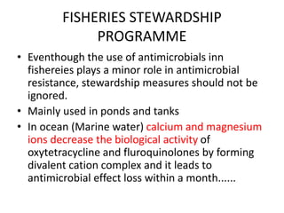 FISHERIES STEWARDSHIP
PROGRAMME
• Eventhough the use of antimicrobials inn
fishereies plays a minor role in antimicrobial
resistance, stewardship measures should not be
ignored.
• Mainly used in ponds and tanks
• In ocean (Marine water) calcium and magnesium
ions decrease the biological activity of
oxytetracycline and fluroquinolones by forming
divalent cation complex and it leads to
antimicrobial effect loss within a month......
 