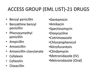 ACCESS GROUP (EML LIST)-21 DRUGS
• Benzyl penicillin
• Benzathine benzyl
penicillin
• Phenoxymethyl
penicillin
• Ampicillin
• Amoxicillin
• Amoxicillin-clavulanate
• Cefalexin
• Cefazolin
• Cloxacillin
•Gentamicin
•Amikacin
•Spectinomycin
•Doxycycline
•Cotrimoxazole
•Chloramphenicol
•Nitrofurantoin
•Clindamycin
•Metronidazole (IV)
•Metronidazole (Oral)
 