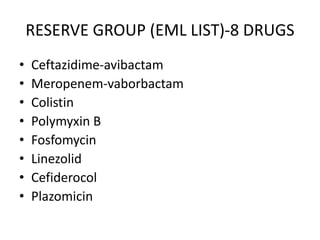 RESERVE GROUP (EML LIST)-8 DRUGS
• Ceftazidime-avibactam
• Meropenem-vaborbactam
• Colistin
• Polymyxin B
• Fosfomycin
• Linezolid
• Cefiderocol
• Plazomicin
 