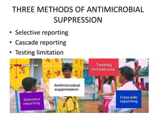 THREE METHODS OF ANTIMICROBIAL
SUPPRESSION
• Selective reporting
• Cascade reporting
• Testing limitation
 